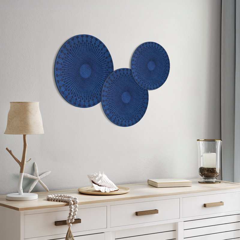 Abstract Sunburst Carved Wall Plaque Decor, 3 Piece Set, Blue