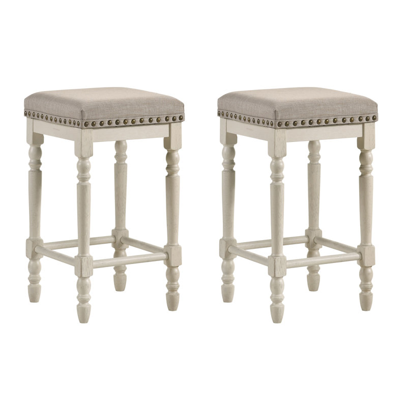 Upholstered Counter Stool with Solid Wood Frame, Tan, Antique White