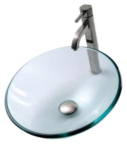 Bathroom Combos Glass Circular Vessel Bathroom Sink with Faucet, Satin Nickel