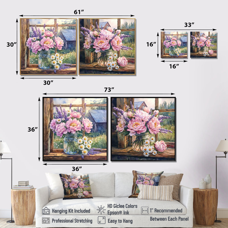 Blush pivoine et lavande - mélange de bouquets assortis - art mural traditionnel sur toile, 2 pièces, Ne s’applique pas