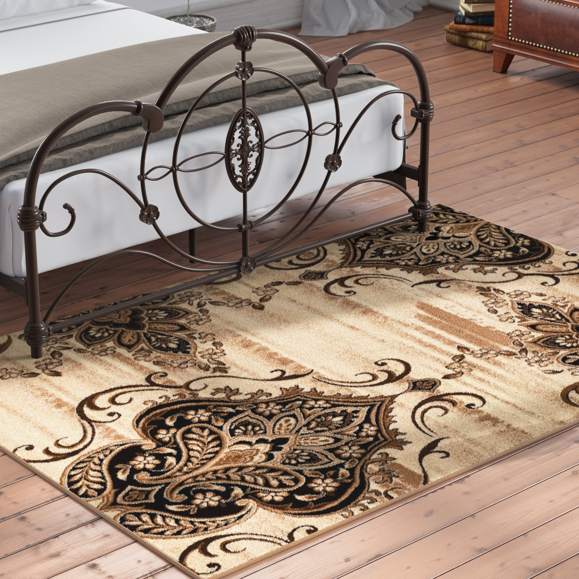 Charlton Home® Runner Ertem Damask Power Loom Dark Brown/Cream/Tan ...