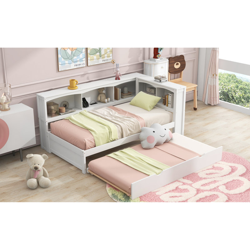 Lit de jour simple de taille simple avec lit gigogne et rangement - Structure en bois massif et ports, White
