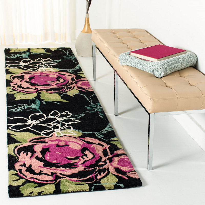 Tapis d'intérieur en laine touffeté à la main à motif floral noir / gris Matthews, Tapis de couloir 2 pi 3 po x 9 pi