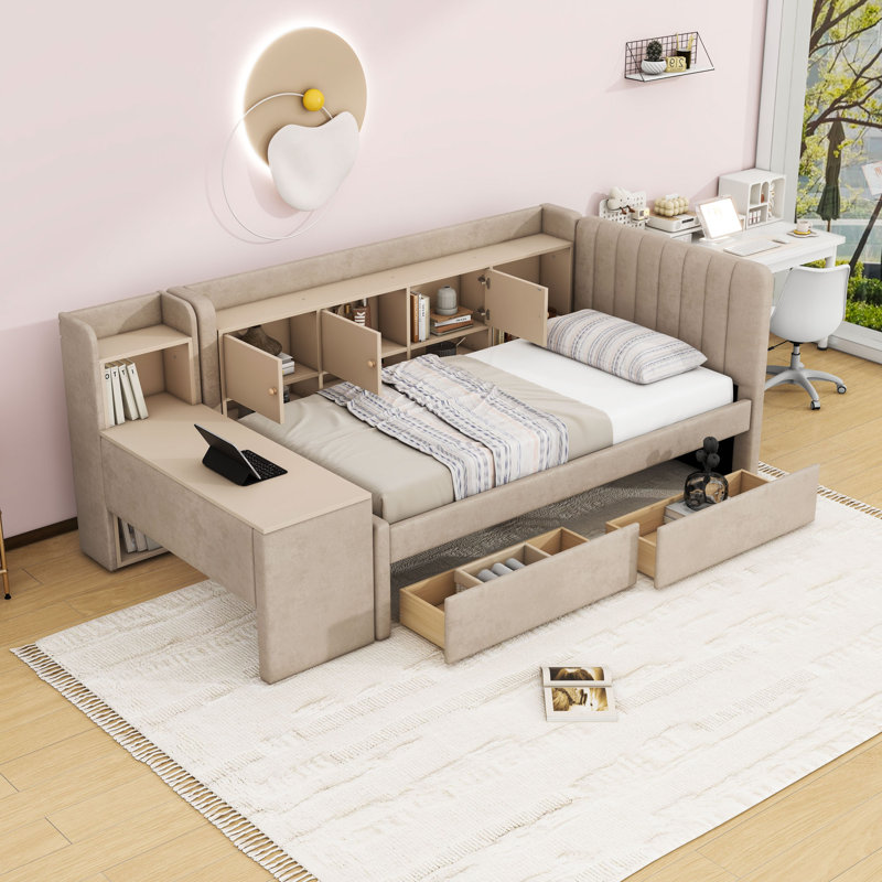 Lit de jour simple rembourré avec tiroirs de rangement et bureau, Beige