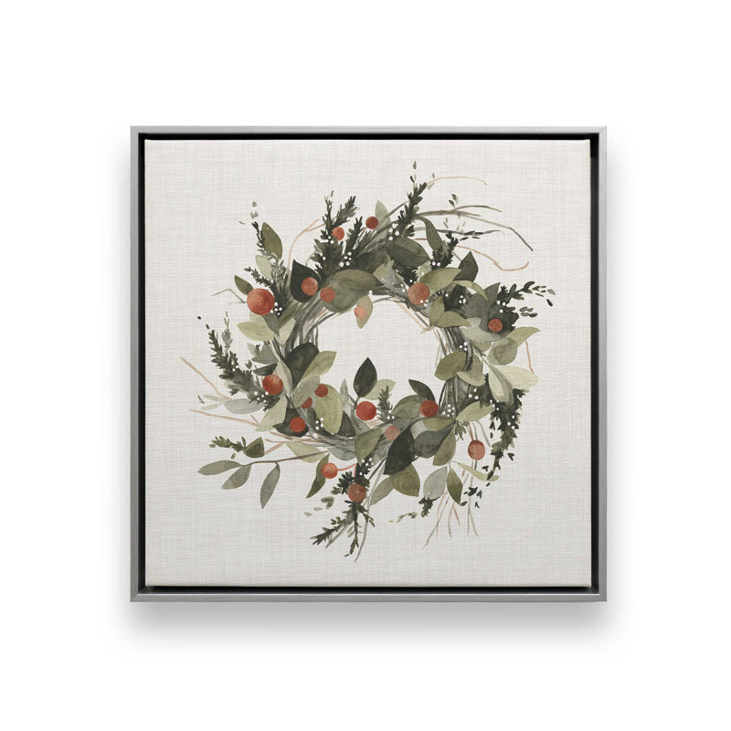 Impression sur toile « Couronne de Noël aux baies II » (40,6 cm x 40,6 cm) dans un cadre blanc, Cadre argenté