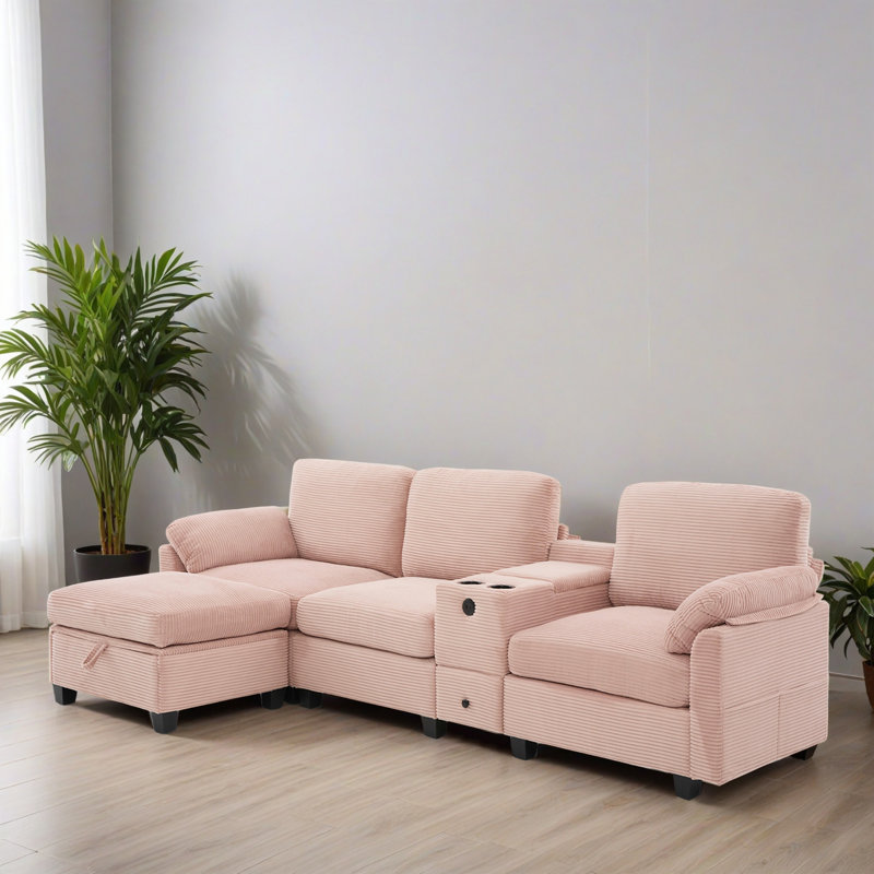 Canapé modulaire réversible en L avec repose-pieds de 104,74 po pour le salon, Velours côtelé rose