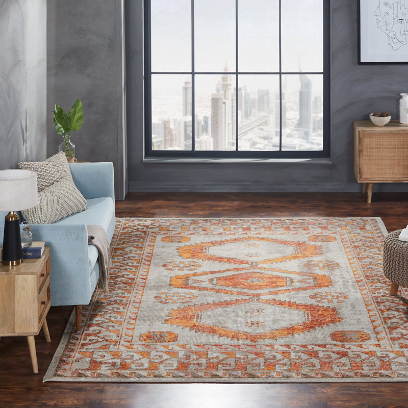 Tribal Elegance Orange/Rust/Grey Hand-Knotted Wool Area Rug, Rectangle 3' x 5', Orange
