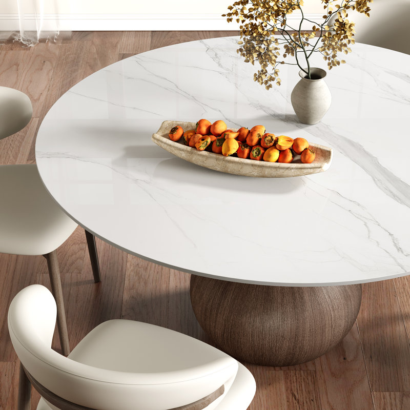 Table de salle à manger à piédestal en bois massif avec faux marbre pour 4/6/8/10 sièges, Blanc, Noyer foncé