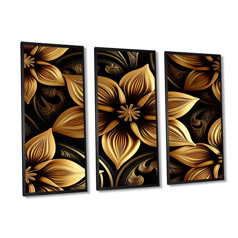 Lys doré sur fond noir - 3 pièces sur toile, Toile encadrée noire, L 36 po x H 28 po