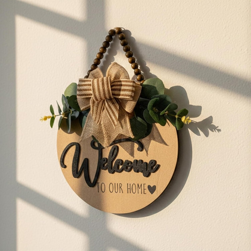 Panneau de bienvenue en bois 3D avec feuilles artificielles et perles rustiques, porte d'entrée de ferme et décor de porche