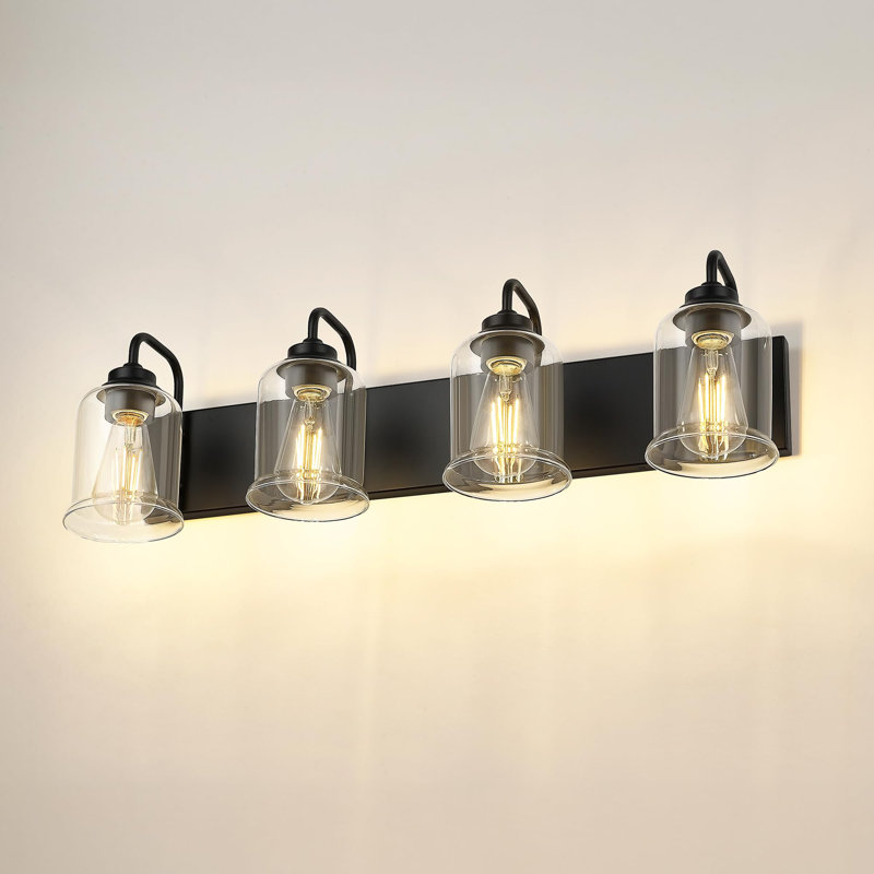Éclairage de salle de bain 4 lumières à intensité variable noir avec abat-jour en verre transparent, Noir mat