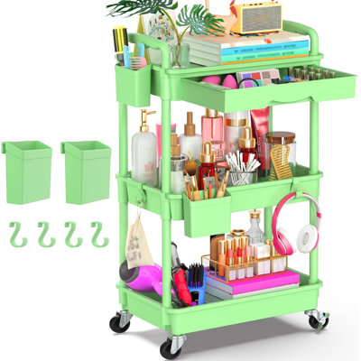 3-Tier Rolling Utility Cart With Removable Drawer, 360° Swivel & Lockable Wheels, Heavy-Duty Storage Organizer For Bathroom, Kitchen, Craft, Makeup, Baby Essentials
