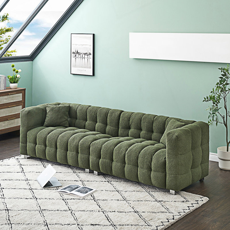Upholstered Sofa, Green Polyester Blend, 28" H x 102" W x 29" D