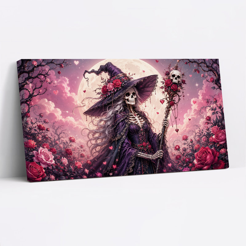 Sorcière squelette coiffée d'un chapeau violet orné de roses, avec une toile murale d'Halloween, L 40 po x H 20 po