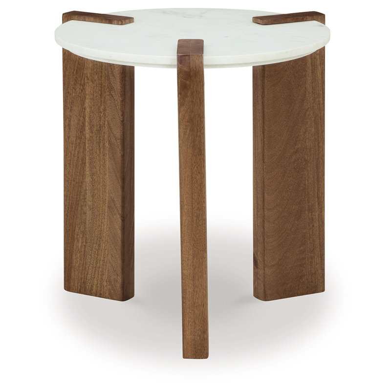 Round White Marble and Brown Wood End Table