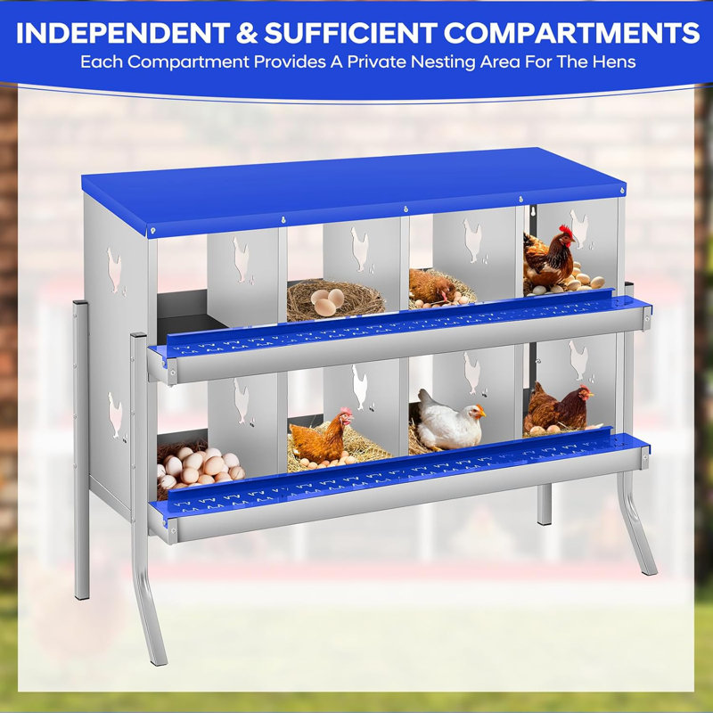 Boîtes de nidification de poulet avec pattes de support, boîte à œufs de poule en métal à deux niveaux avec 8 compartiments, grands trous ventilés pour la collection d'œufs, bleu