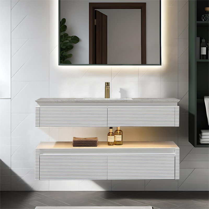 Lumino 48'' Modern Wall Mounted Single Bathroom Vanity with Engineered Stone Top and Light, White