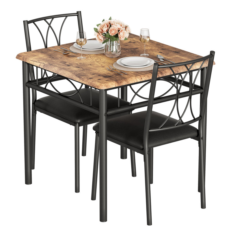 Rustic Brown Square Dining Table with 2 Upholstered Chairs