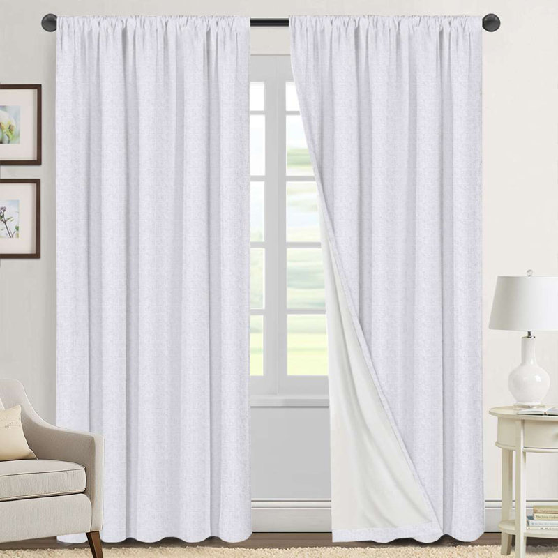 Linen Look 100% Blackout Curtains for Bedroom Full Light Blocking Rod Pocket 42 Inches Wide Linen Textured Thick Window Curtain Drapes with Backing