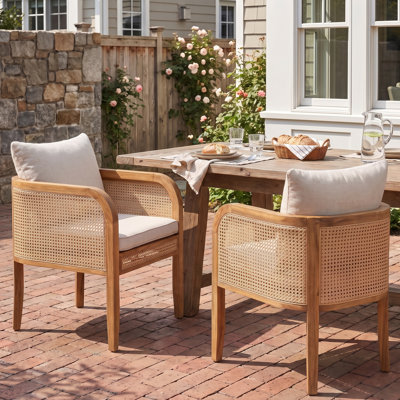Armand Boho Acacia Wood Arm Dining Chair with Woven PE Rattan Back and Cushioned Seat