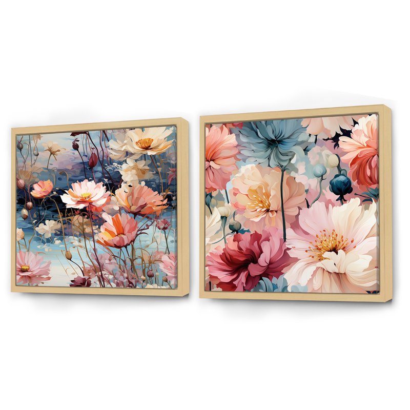 Monets Garden - motif botanique III - ensemble de 2 collages floraux carrés, Cadre flottant brun, H 16 po x l 33 po