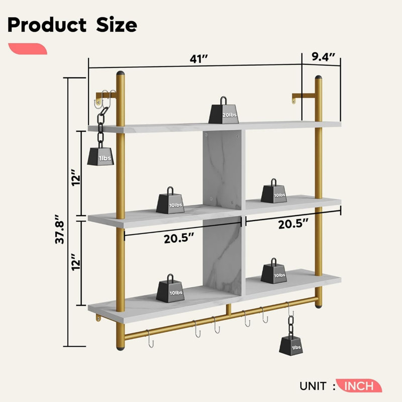 105.5cm W Metal Wall Mounted Shelving Unit