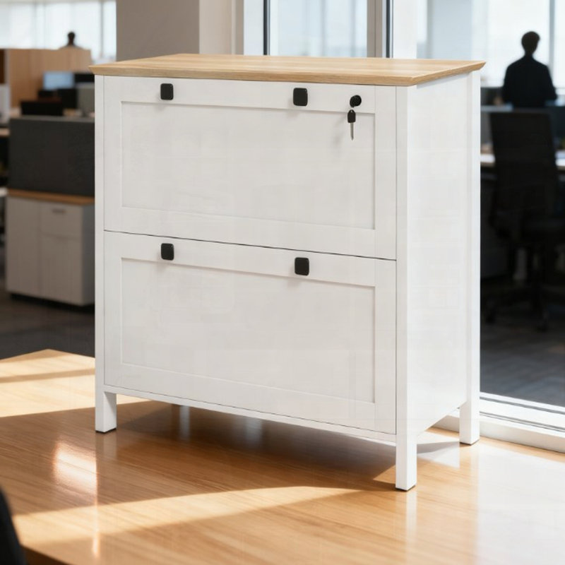 Classeur latéral avec barre de suspension réglable, verrouillable, robuste, facile à entretenir, Blanc / Chêne