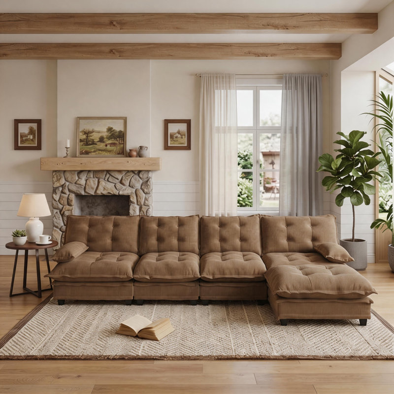 Canapé modulaire en forme de L 138 po avec repose-pieds et siège profond, 35.4" H x 138.5" W x 33.8" D, Light coffee Chenille