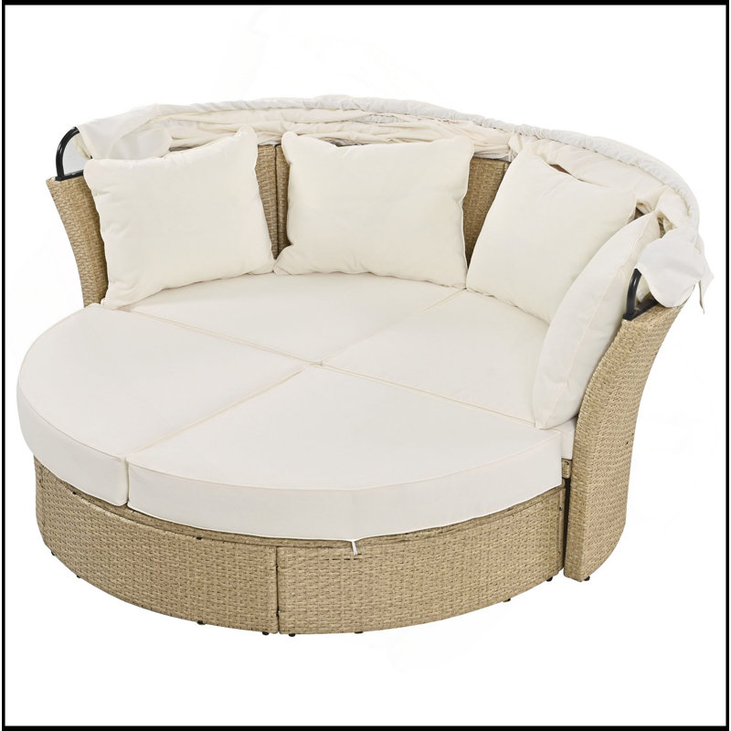 Outdoor Patio Daybed Wicker Rattan Double Daybed Round Sofa Furniture Set With Retractable Canopy, 4 Pillows For Lawn Garden Backyard Porch Pool