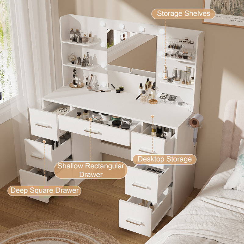 Makeup Vanity With Led Lighted Mirror And Built-In Power Supply, White