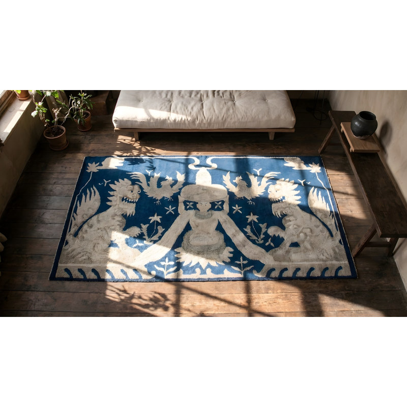 Hand Knotted Wool Area Rug in Blue