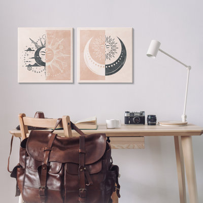 Boho Two Tone Moon Sun 2 PC Canvas Wall Art Set by Nina Blue