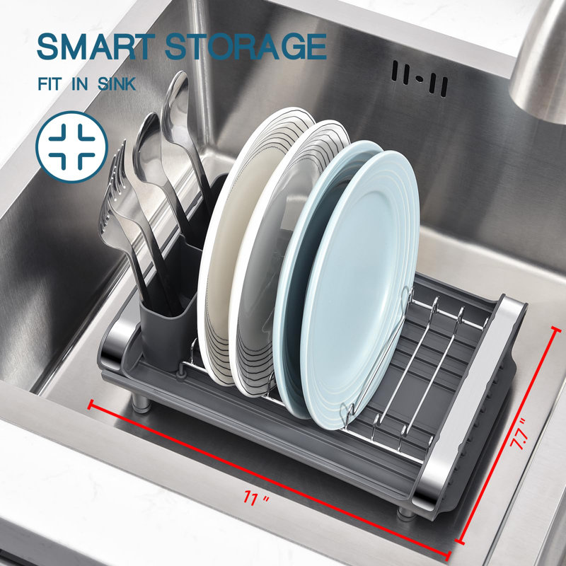 Égouttoir à vaisselle extensible, égouttoir à vaisselle compact, égouttoir à vaisselle en acier inoxydable avec porte-couverts amovible, égouttoir à assiettes antirouille, petit égouttoir d'évier