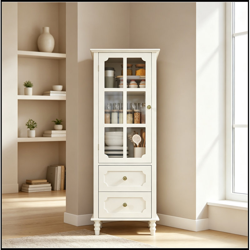 Armoire avec portes en verre et double tiroir, Creamy White