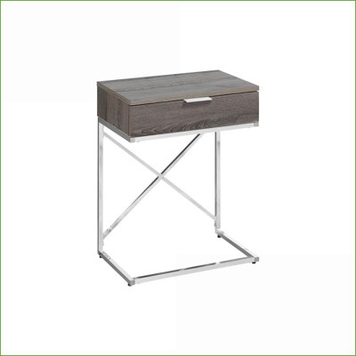 Table basse d'apparence bois taupe foncé avec tiroir de rangement, structure en X chromée, pièce de salon moderne et polyvalente
