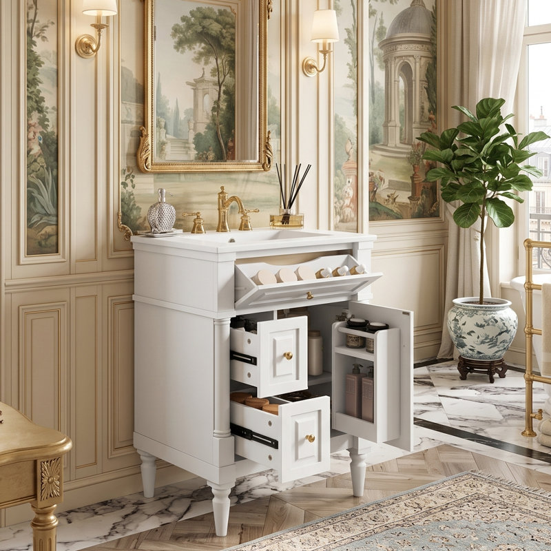 Meuble-lavabo autoportant de 24 po avec lavabo en céramique, cadre en bois massif, tiroir rabattable et support de porte