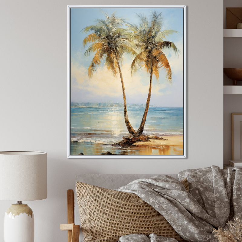 «Bronze Beach Sunny Palms Embrace», reproduction sur toile, Cadre flottant blanc, H 40 po x l 30 po x P 1,5 po