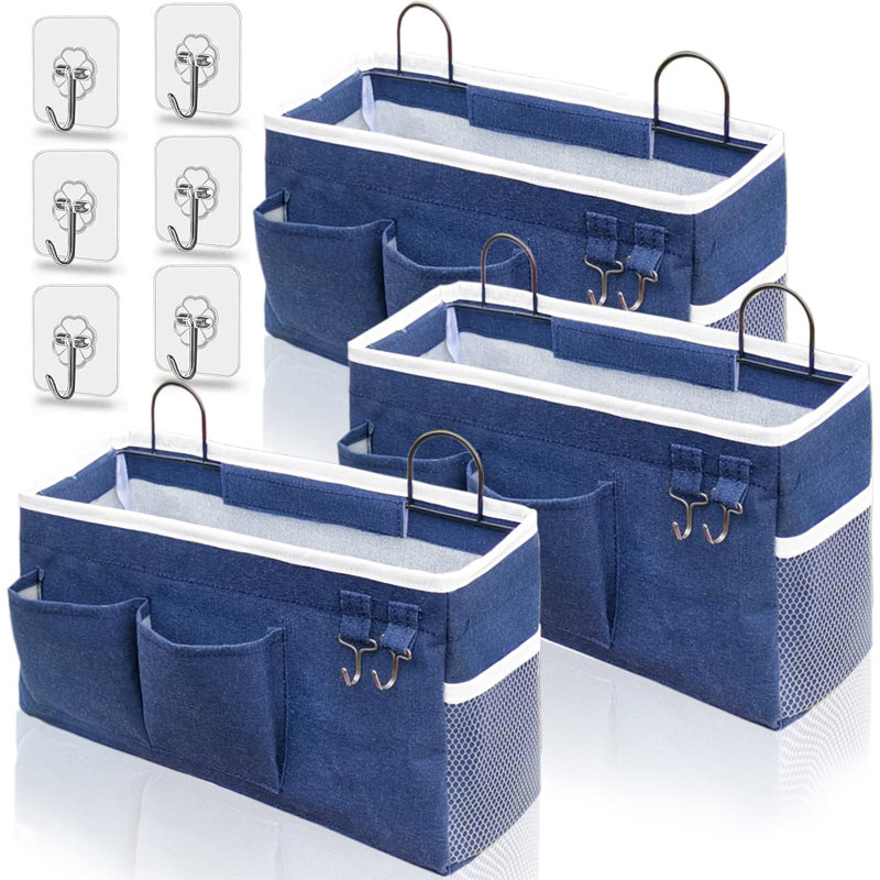 3pcs Large Wall Hanging Organizer Bag, Linen Fabric Door Hanging Storage Baskets with Pockets, Blue