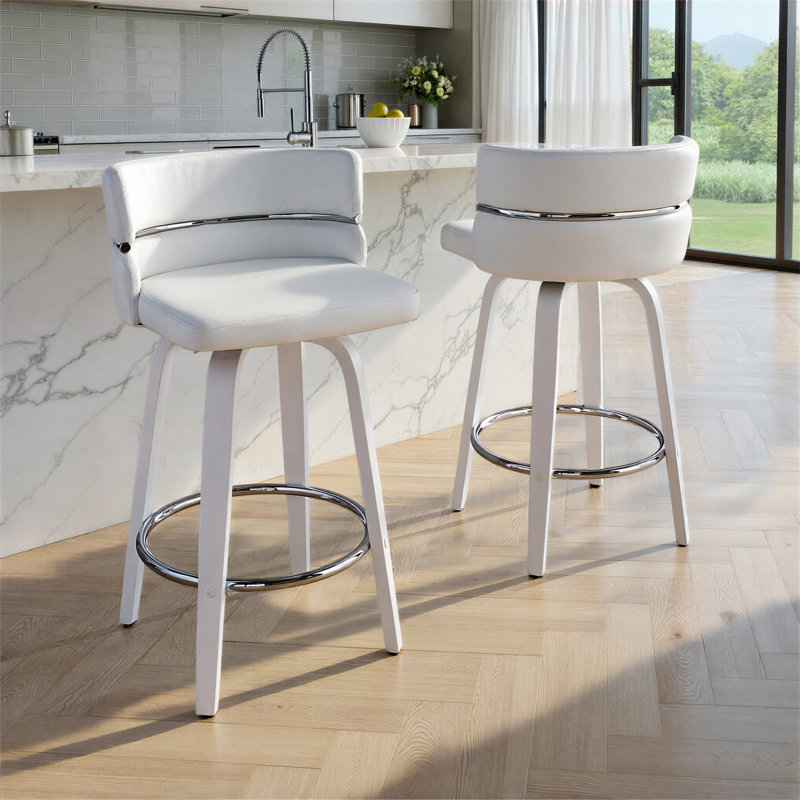 Tabouret de comptoir à hauteur fixe avec pivot en bois et similicuir avec repose-pieds rond chromé - ensemble de 2