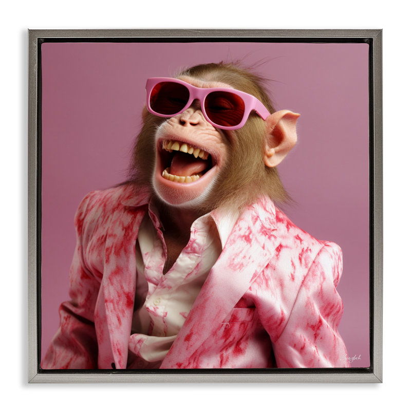Hipster Monkey in suit Floating Frame, design par Roozbeh, H 25 po x l 25 po, Cadre flottant gris lustré