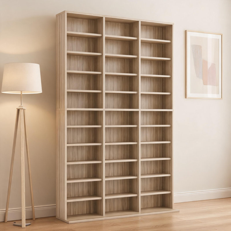 Tour multimédia haute de 11 niveaux, armoire de rangement à 33 compartiments avec étagères réglables, couleur naturelle, Brun