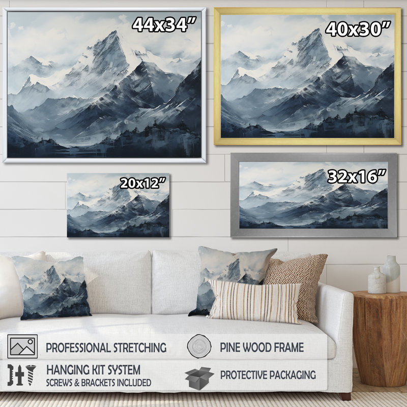 «Moody Majestic Mountain Peaks I», reproduction sur toile, Cadre simple blanc, H 12 po x l 20 po x P 1 po