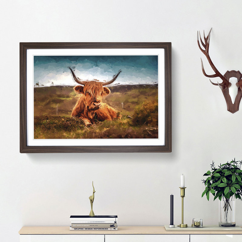 A Resting Highland Cow in Abstract - Framed Print, Walnut Framed, 62cm H x 87cm W x 2cm D