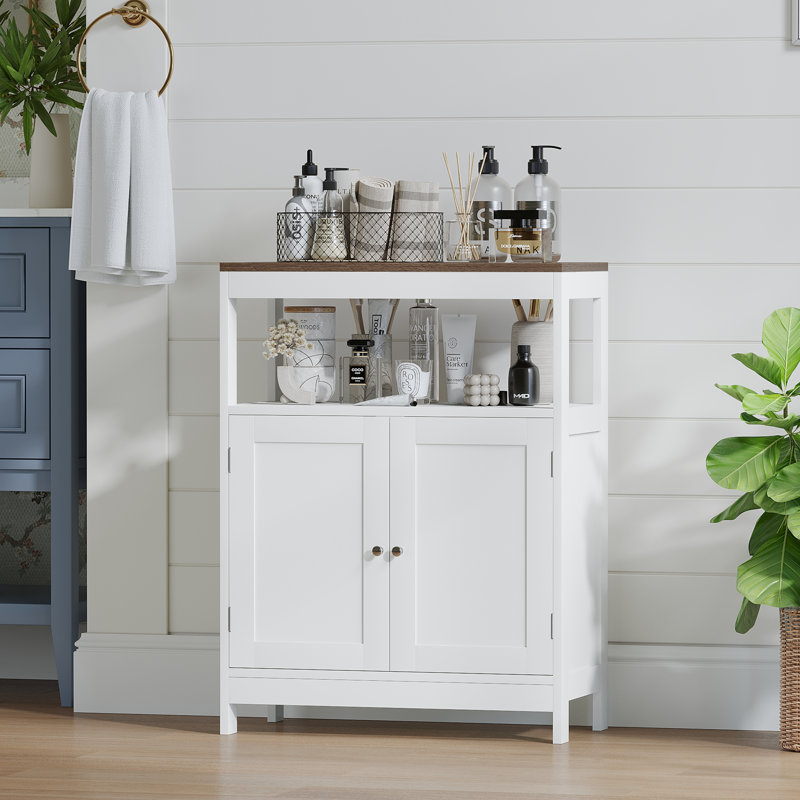 Armoire de rangement moderne avec portes doubles, armoire de salle de bain autoportante avec tablette réglable et plateau en bois naturel, organisateur polyvalent pour la cuisine, le salon, la salle de bain ou le vestibule - blanc