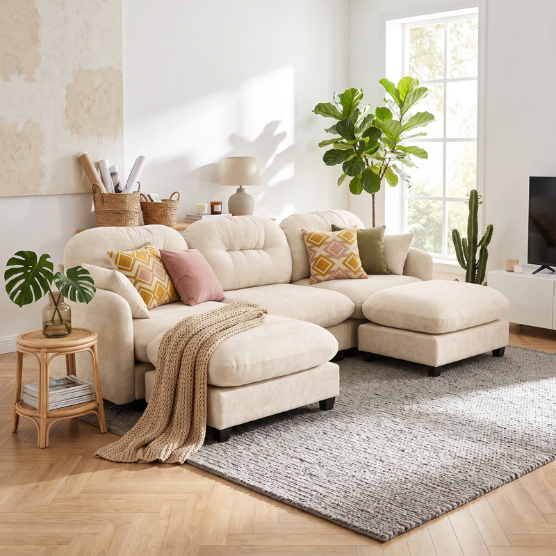 Canapé modulaire en U à 3 places avec 2 repose-pieds Hiltz, tissu en chenille de qualité supérieure, dossier plissé matelassé, mousse à haute densité et support à ressorts, canapé incurvé ergonomique