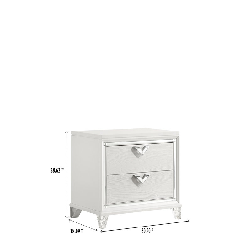Table de chevet 2 de style moderne pour chambre à coucher avec 2 tiroirs et poignées en forme de V en blanc et DEL