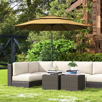 Tan 9Ft Patio Umbrella 3 - Outdoor With Simple Handling Crank And Tilt For Deck, Lawn Deck Large Crank, Push Button Backyard, Vent Feature