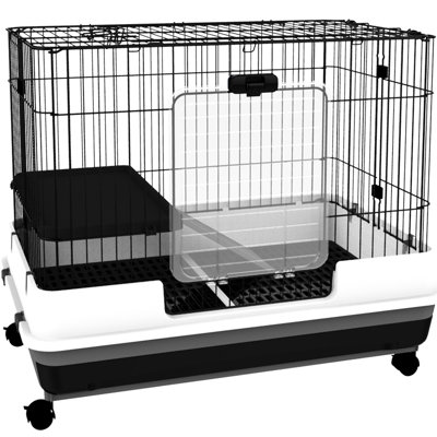 Cage à 2 niveaux pour petits animaux - noire. Convient aux lapins, aux chinchillas et aux furets. Plateau amovible pour environnement propre. Fabrication en métal, intérieur spacieux avec plateforme et roues pour rampes