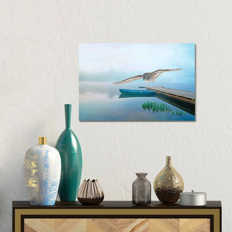 Great Gray Owl In Flight Over Pond by Laura D Young - Gallery-Wrapped Canvas Giclée on Canvas, Wrapped Canvas
