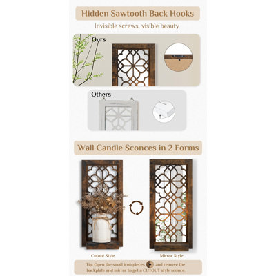 Ensemble de 2 appliques murales en bois avec miroir, étagères vintage pour foyer ou couloir